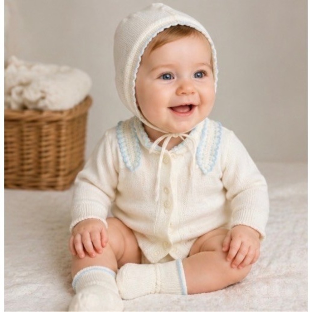 Thomas Baby Vintage 3pc Knit Set Cardigan Tie Bonnet Booties White Blue 6-12 M